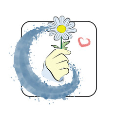 Hand Offering Daisy with Blue Splatter and Heart