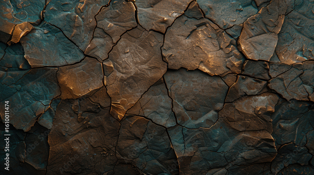 Poster rough rock surface with deep shadows and dark tones, showcasing intricate cracks and textures that e