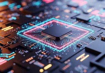 Advanced microchip motherboard with neon glowing circuitry for futuristic technology