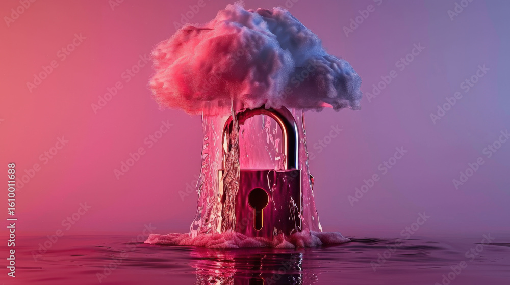 Poster cloud storage concept with floating lock symbol, representing security and protection. vibrant color