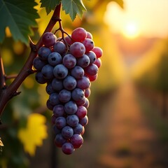 Fototapeta premium Ripe red grapes hang heavy on the vine, a luscious harvest in the autumn vineyard