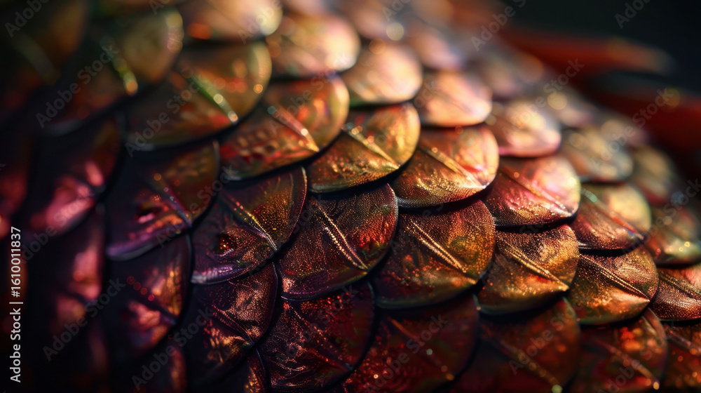 Poster shimmering scales of fish or sea creature display vibrant array of colors, showcasing intricate text