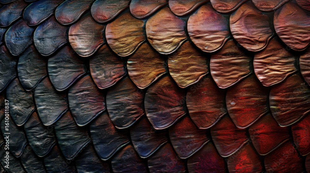 Poster textured fish skin with iridescent colors, showcasing unique pattern of scales. vibrant hues create 