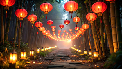 Fototapeta premium Paper Lanterns in Bamboo Forest Pathway. Wedding Concept. Generated Image