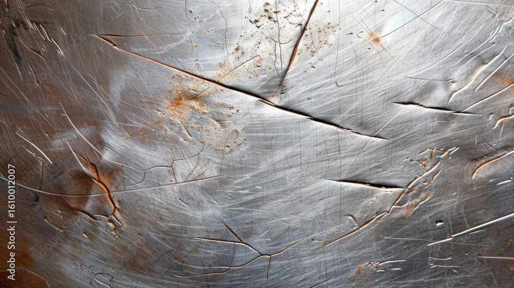Poster scratched metal texture showing wear and use, with chaotic patterns and rust spots, creating industr