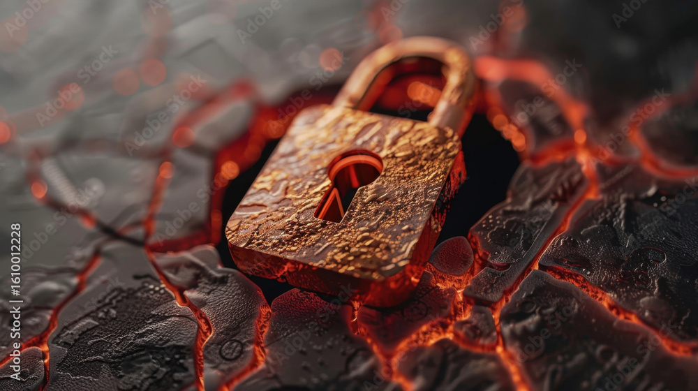 Poster secure connection tunnel visual featuring rusty padlock on textured surface, symbolizing protection 
