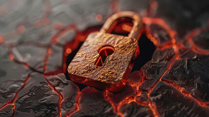 Secure connection tunnel visual featuring rusty padlock on textured surface, symbolizing protection and security. image evokes sense of safety amidst fiery backdrop
