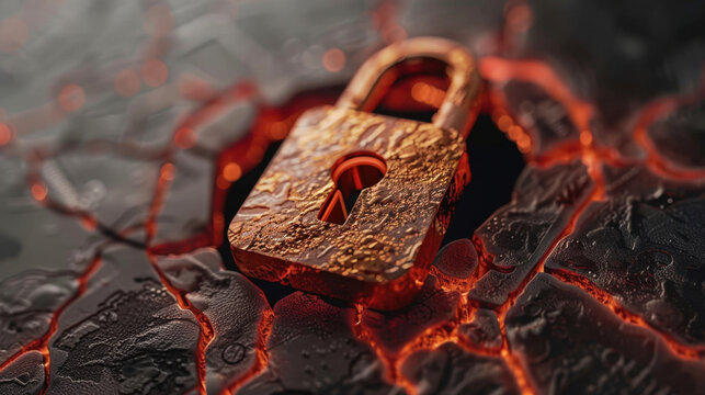 Secure connection tunnel visual featuring rusty padlock on textured surface, symbolizing protection and security. image evokes sense of safety amidst fiery backdrop