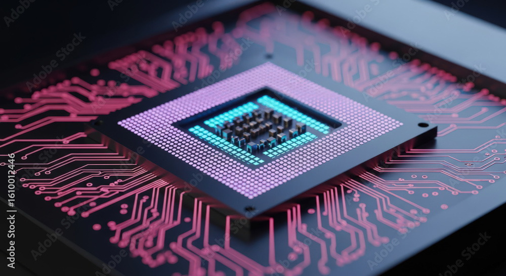 Fototapete close-up of a modern computer processor with intricate circuitry and glowing lights, representing te