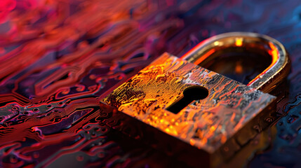 Close up of golden padlock resting on colorful, abstract background that resembles digital circuitry, symbolizing security and protection in chaotic digital world