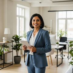 Smiling mature business woman executive, happy middle aged businesswoman entrepreneur, 40 years old company hr holding digital tablet looking at camera standing in office at work.