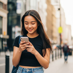Candid photo of happy Asian teenage female model influencer using apps chatting on smartphone in the city. Smiling cool teen girl holding mobile cell phone looking at cellphone having fun outdoors.