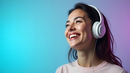 Naklejka premium Realistic 3D Render of Smiling Young Woman Wearing Wireless Headphones on Gradient Background