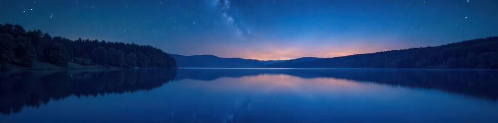 Obraz premium Serene lake, stars reflected, tranquil summer night , wallpaper, quiet, dark