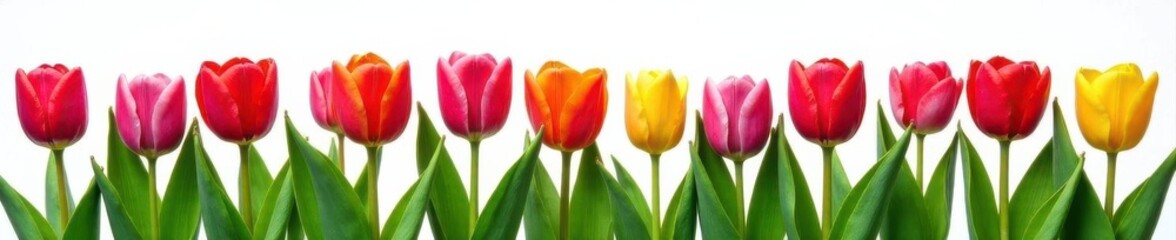 Obraz premium Striking row of colorful tulips, vivid green foliage, isolated on white , bloom, row, beauty