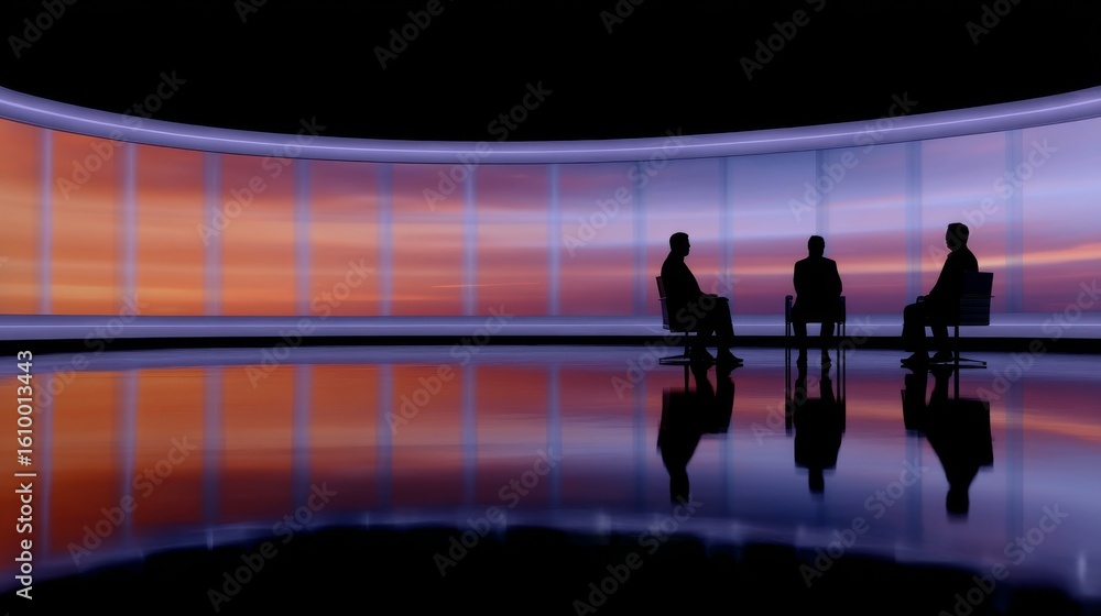 Poster three silhouettes are seated in a modern studio. the colorful backdrop adds depth. this image reflec