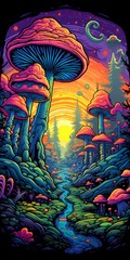 Psychedelic illustration of fantasy mushrooms in vibrant forest