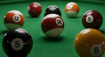 A close-up shot of various billiard balls arranged on a green pool table, ready for a game.