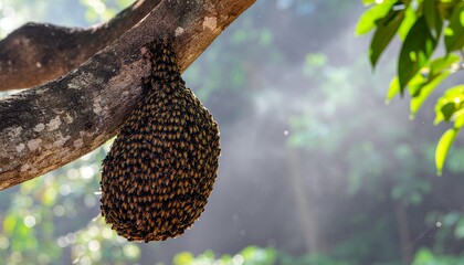 close-Up of a Wild Honeybee Nest Hanging in Tropical Jungle Light