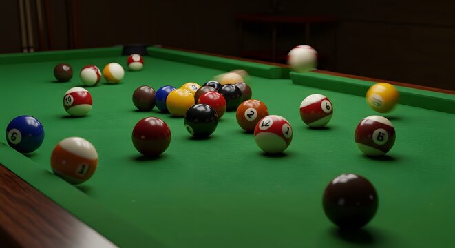 Billiard balls scattered across a green pool table, a game in motion.