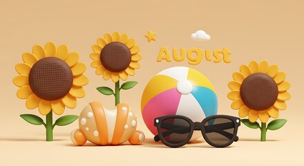Isometric summer holiday scene with sunflowers and beach balls