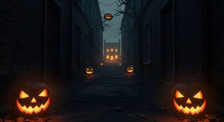 A Dark Halloween Night Alleyway with Jack-o'-Lanterns Guiding the Way, Creating an Eerie and Festive Atmosphere in a Narrow Urban Street with Dim Lighting