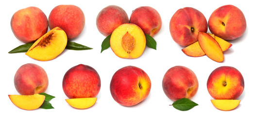 Set of fresh peach whole and sliced ​​with leaves isolated on white background