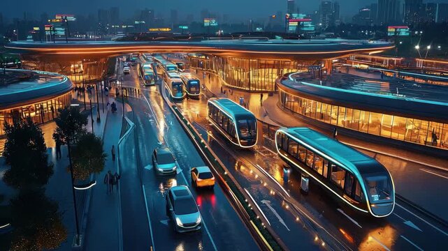 Futuristic city transport system with autonomous vehicles navigating a curved roadway at night