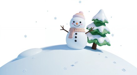 Cheerful snowman and fir tree on snowy hill