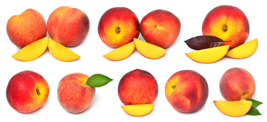 Set of fresh peach whole and sliced ​​with leaves isolated on white background