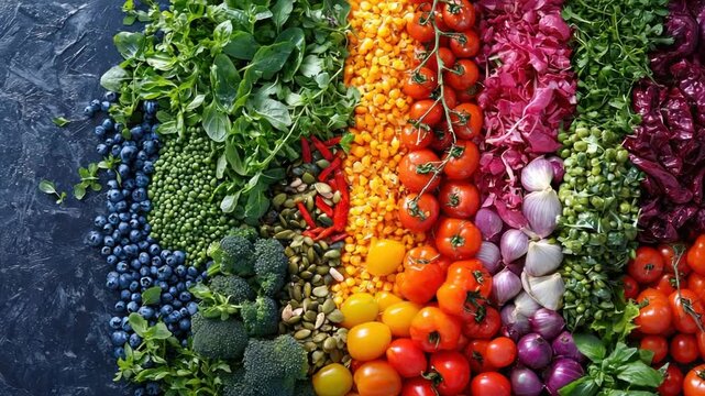 Vibrant rainbow of fresh produce arranged on dark surface