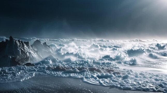 massive pumping waves crashing onto a black sand beach, white foam exploding on impact, wet volcanic rock gleaming in the sun