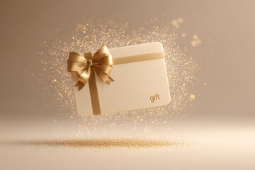 Digital gift card mockup floating with sparkles and soft lighting on neutral studio background