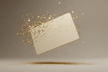 Digital gift card mockup floating with sparkles and soft lighting on neutral studio background