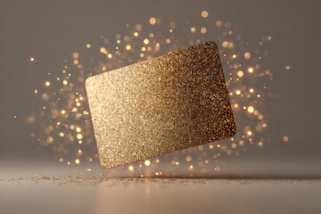 Digital gift card mockup floating with sparkles and soft lighting on neutral studio background