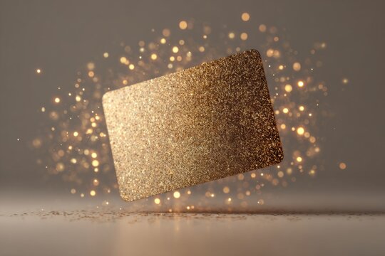 Digital gift card mockup floating with sparkles and soft lighting on neutral studio background