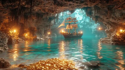 A pirate ship sails into a glowing cave, revealing a treasure hoard