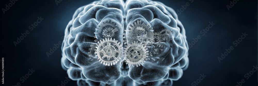 Poster conceptual representation of brain gears turning with light reflections on a dark background showcas