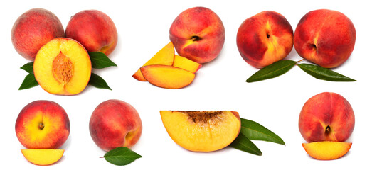 Set of fresh peach whole and sliced ​​with leaves isolated on white background