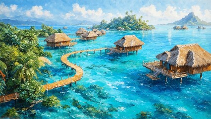 Obraz premium Vibrant impasto painting of tropical overwater bungalows. Turquoise lagoon, lush islands, distant mountains, and blue sky depict an idyllic scene
