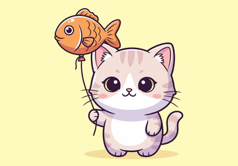 Adorable Kawaii Cat Holding Fish Balloon – Cute Cartoon Kitten Illustration