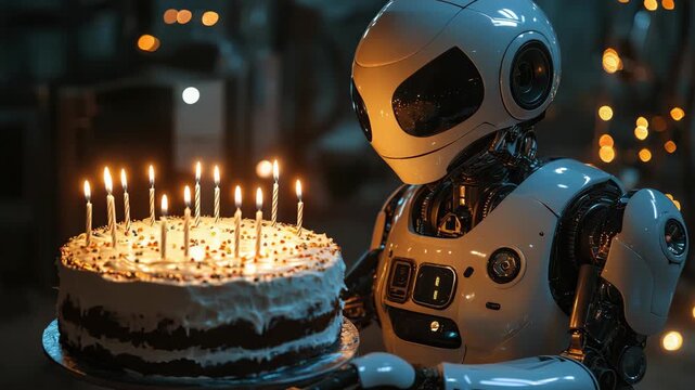 Robot Celebrating Birthday with Cake and Candles