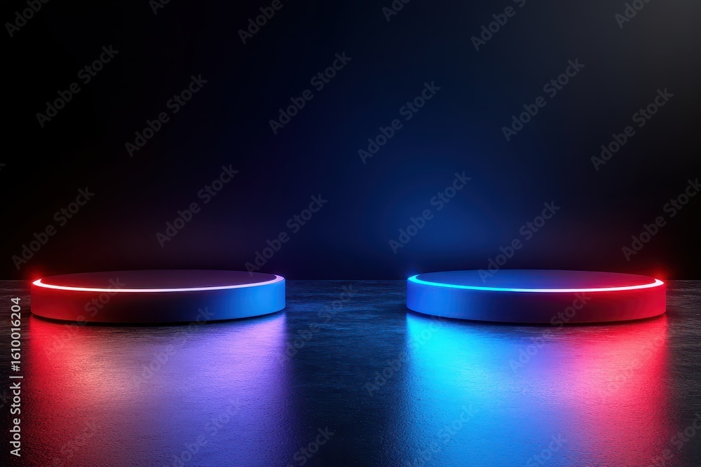 Poster two circular illuminated platforms on a dark surface.