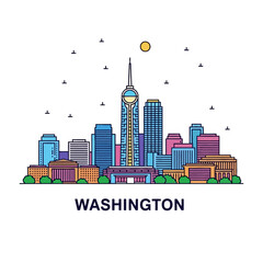 Urban Skyline Illustration, Washington D.C., Cityscape Art, Modern Design, Vibrant Environment, Aerial Perspective