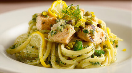 beautifully plated gourmet dish of linguine pasta tossed with pesto green sauce, topped with succulent salmon chunks, vibrant lemon slices, chopped pistachios, capers, fresh dill, ready to be enjoyed