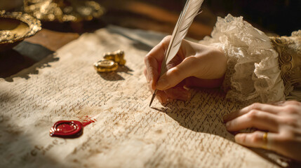 close-up of hand in historical costume, elegantly writing with a quill pen on aged parchment, beside freshly pressed red wax seal, evoking sense of ancient history, literature, official documentation