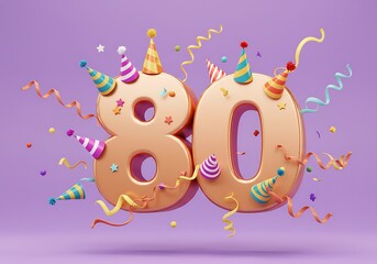 Cartoon 80th birthday party with confetti and hats