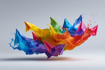 Colorful splash of paint morphing into flying origami paperplane.