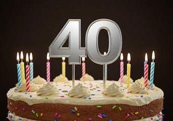 Silver 40th birthday numbers on cake with candles