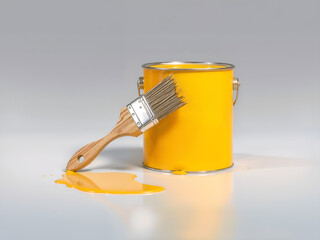 Open yellow paint can with dripping paint and brush on grey surface. Generative AI